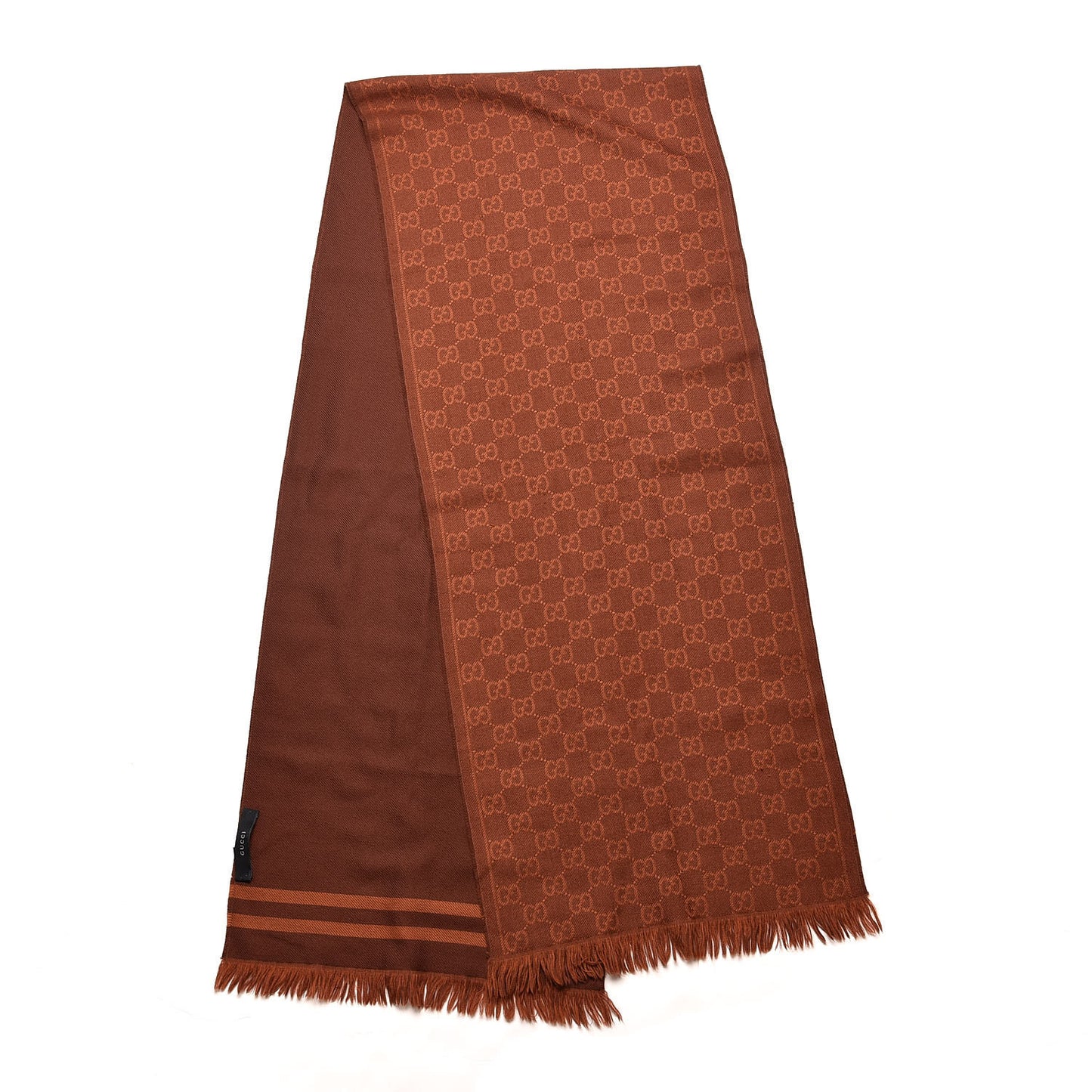 Wool Monogram Fringe Scarf Dark Orange Brown