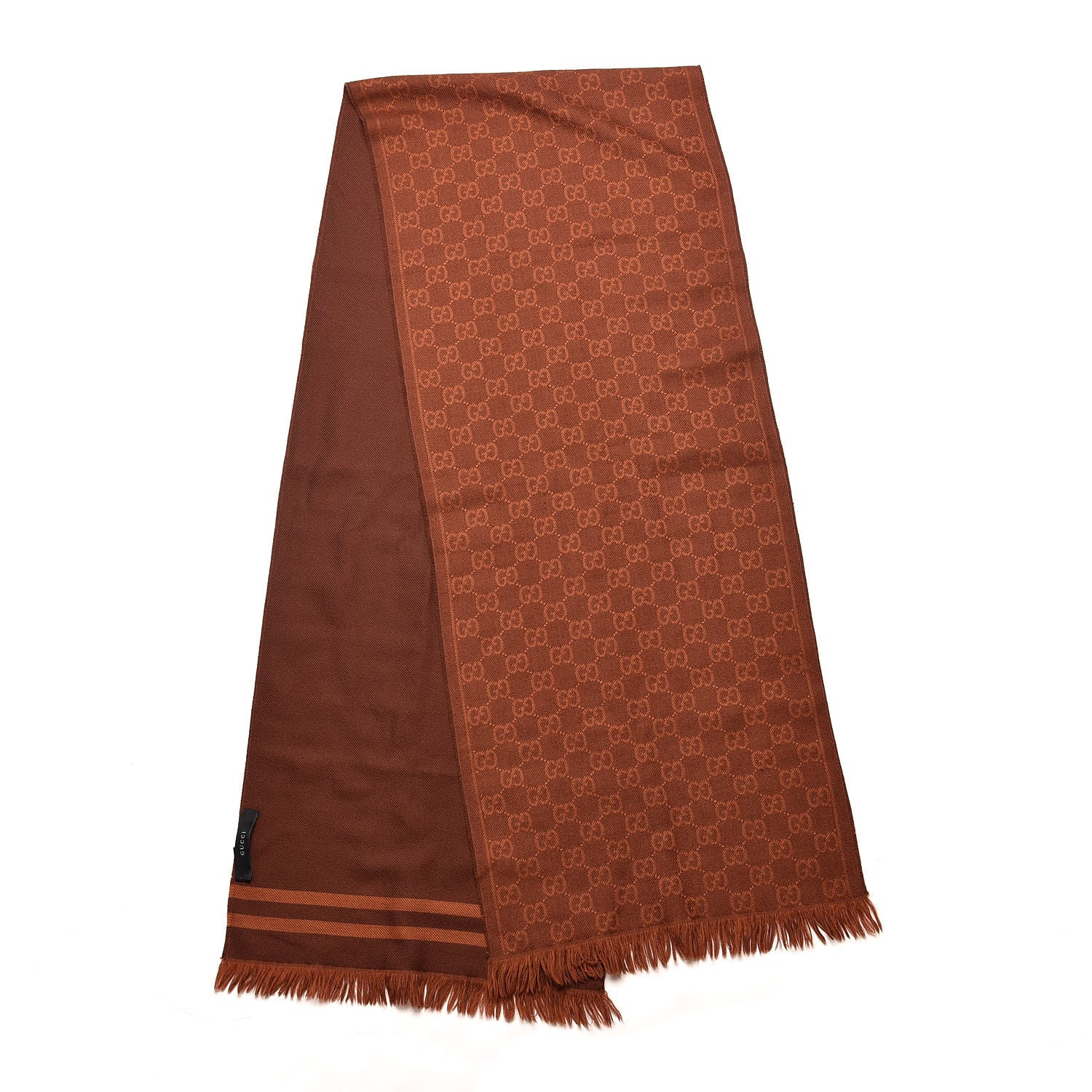 Gucci Wool Monogram Fringe Scarf Dark Orange Brown 3 of 5