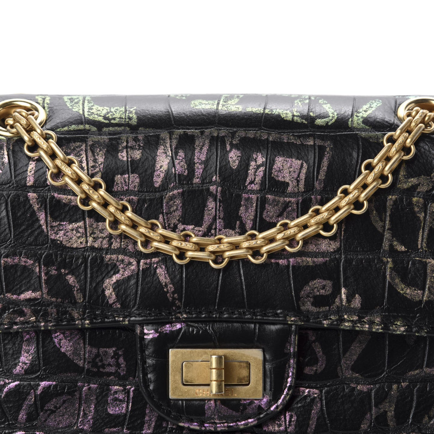 Calfskin Crocodile Embossed Graffiti 2.55 Mini Cocodile Reissue Flap Black Pink