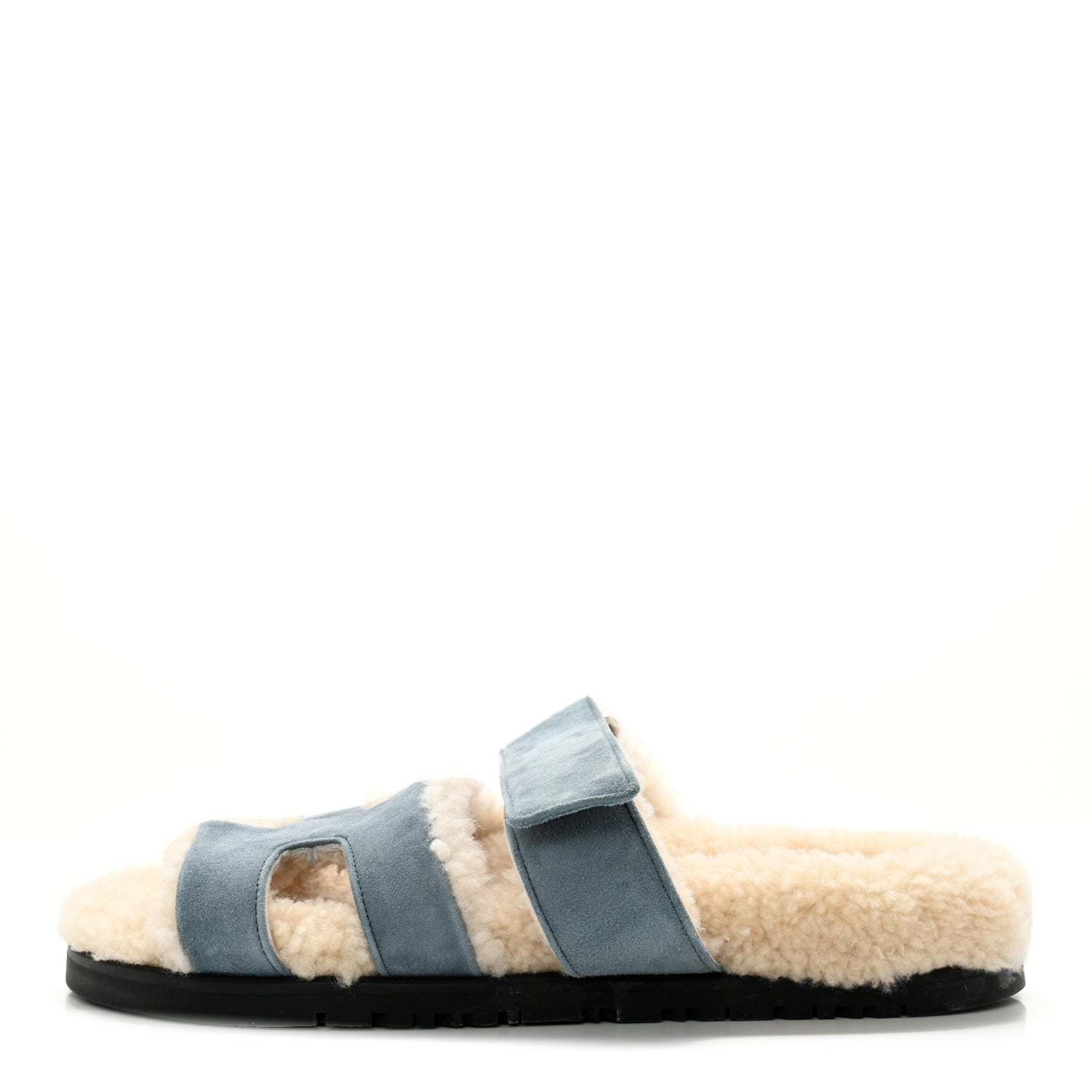 Hermes Suede Goatskin Woolskin Womens Chypre Sandals 35.5 Bleu Pinede Ecru 1 of 9