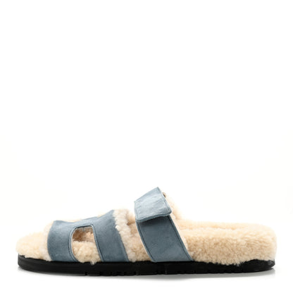 Hermes Suede Goatskin Woolskin Womens Chypre Sandals 35.5 Bleu Pinede Ecru 1 of 9