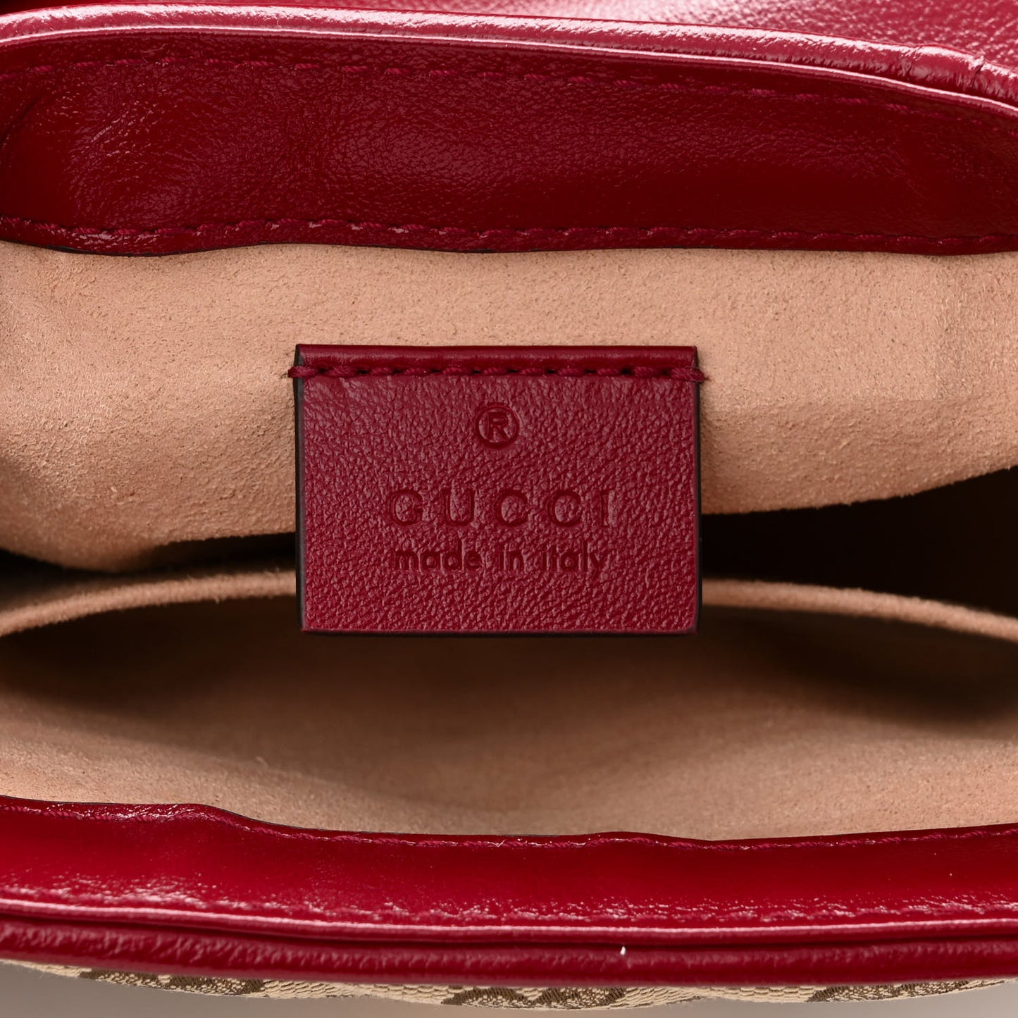 Monogram Glazed Calfskin Matelasse Diagonal Mini GG Marmont Top Handle Shoulder Bag Beige Ebony New Cherry Red