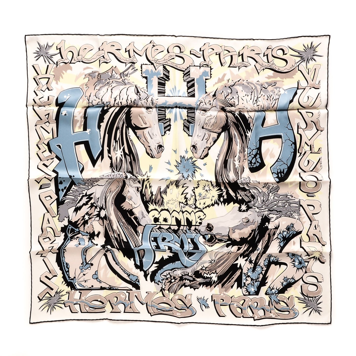 Silk H Comme Scarf 70 White Black Gris Bleuete