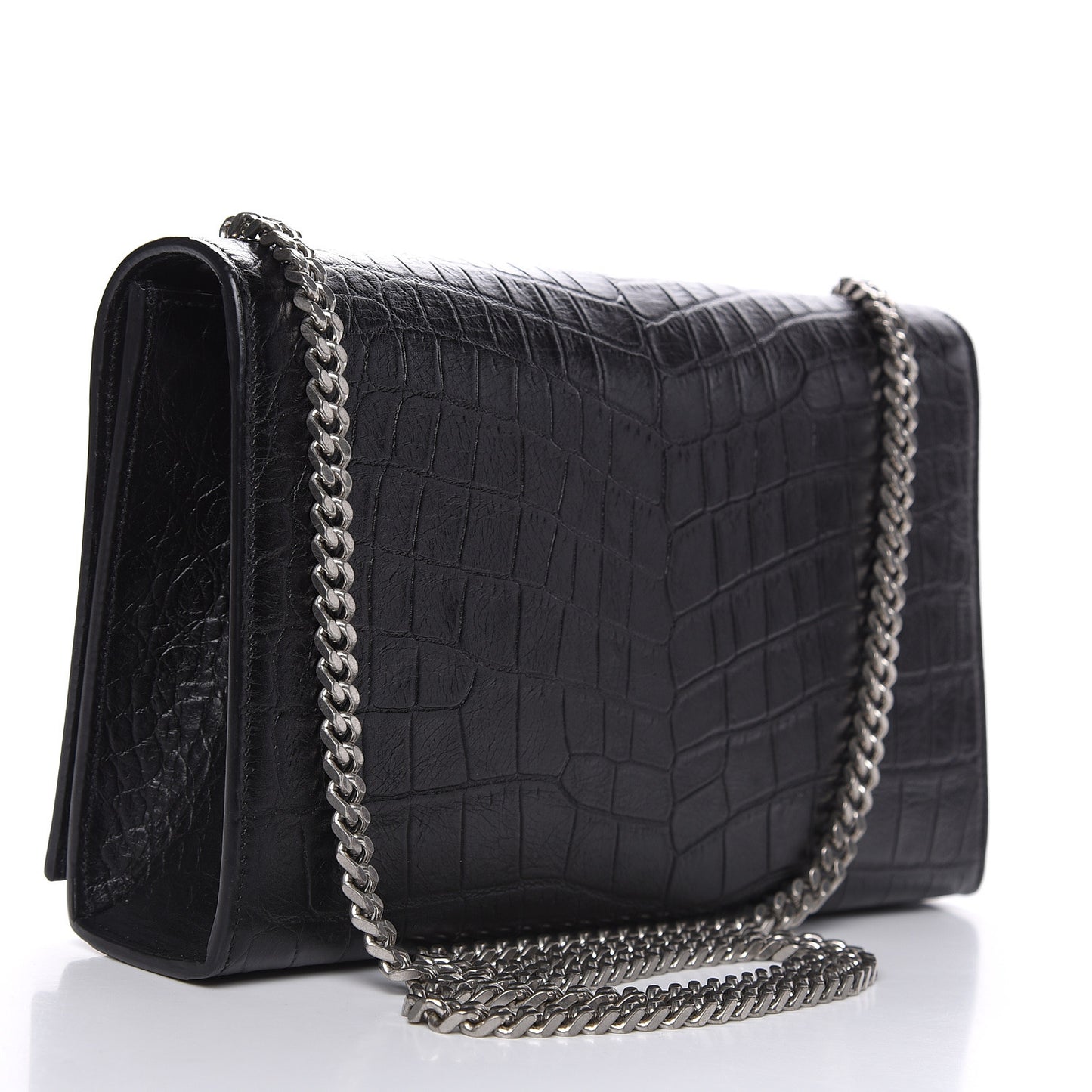 Calfskin Crocodile Embossed Medium Classic Monogram Kate Tassel Satchel Black