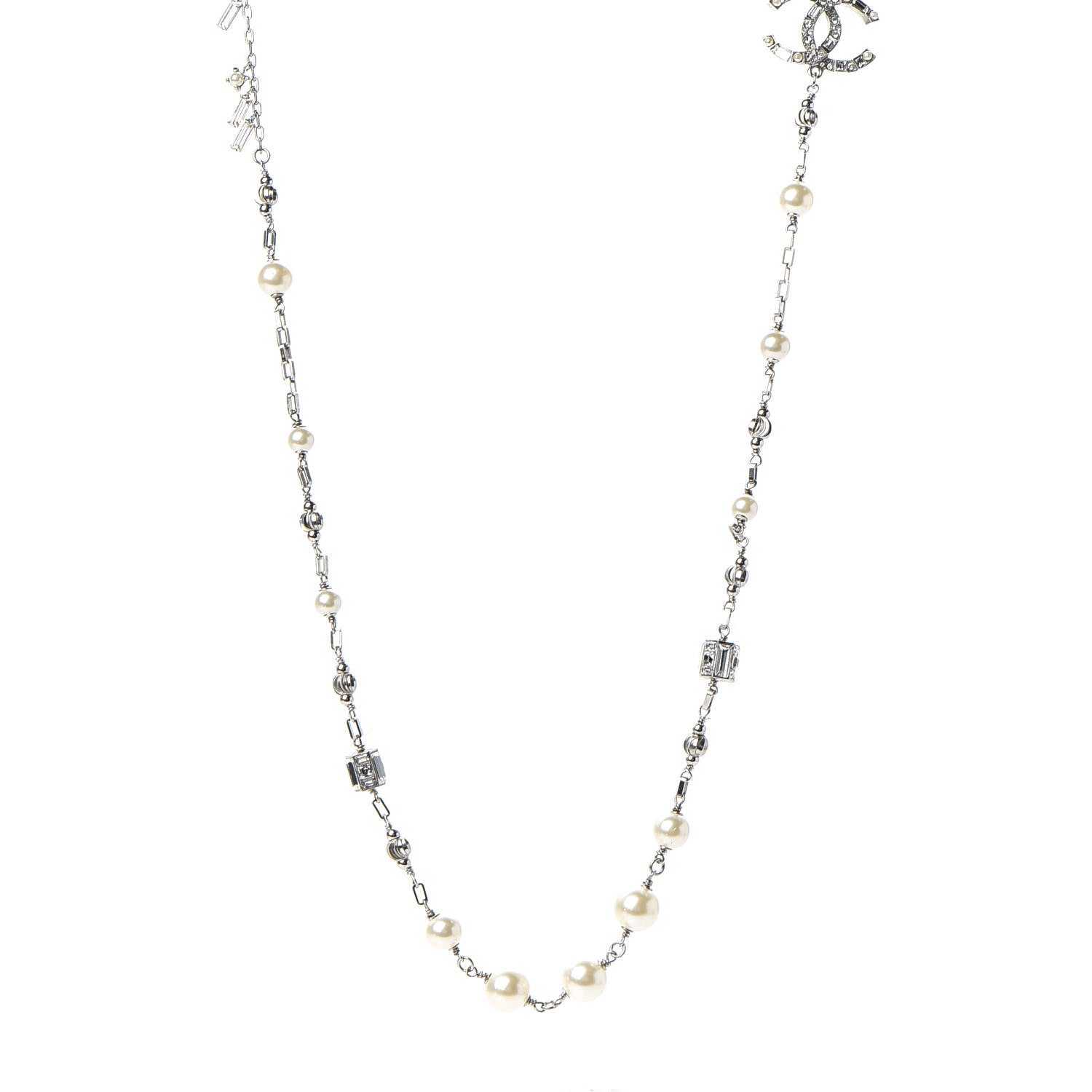 Chanel Pearl Baguette Crystal CC Long Necklace Silver 1 of 6
