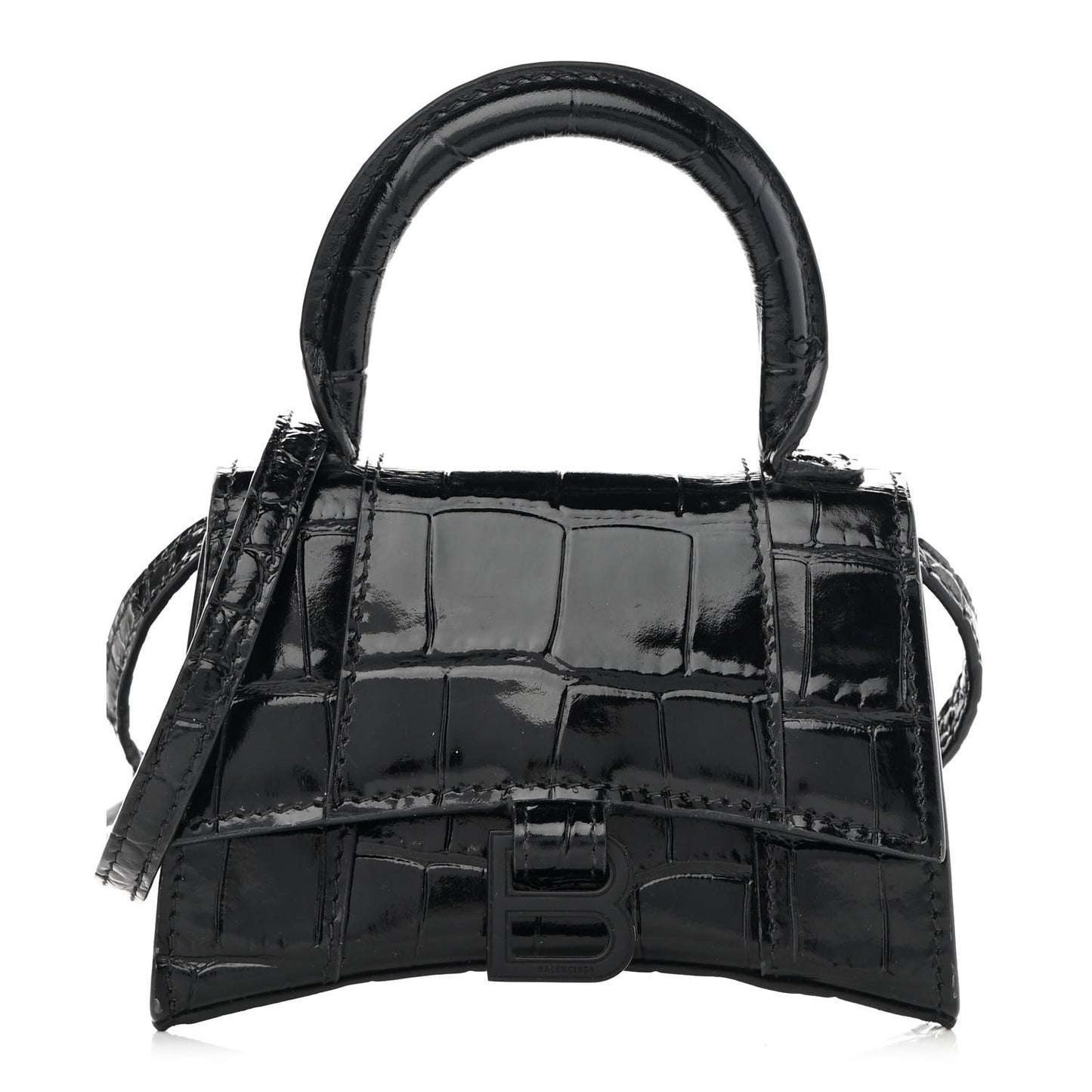 Shiny Calfskin Monochrome Crocodile Embossed Hourglass Top Handle Bag Mini Black