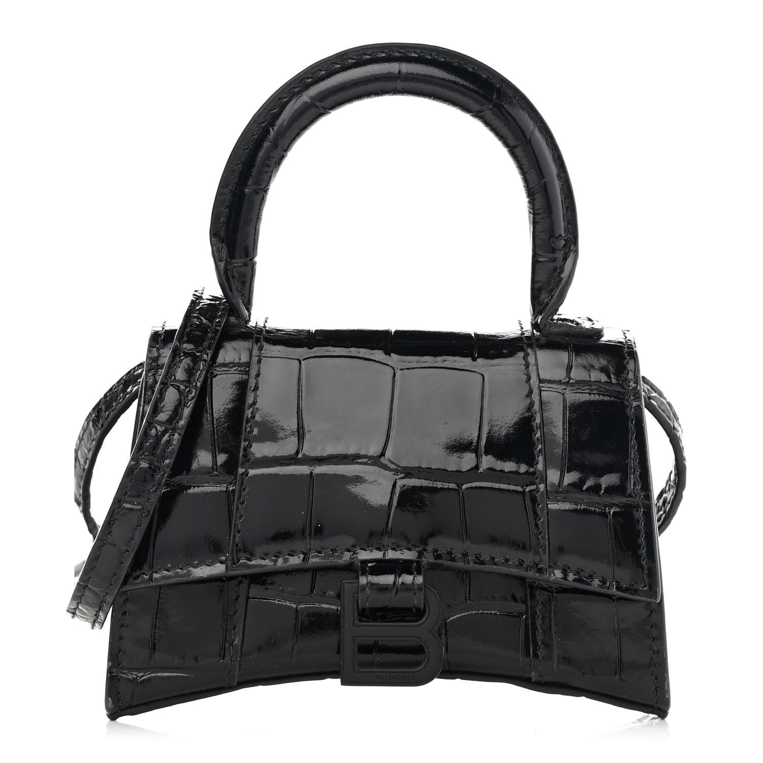 Balenciaga Shiny Calfskin Monochrome Crocodile Embossed Hourglass Top Handle Bag Mini Black 1 of 11