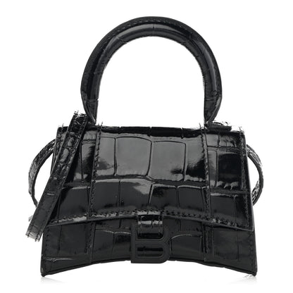 Balenciaga Shiny Calfskin Monochrome Crocodile Embossed Hourglass Top Handle Bag Mini Black 1 of 11