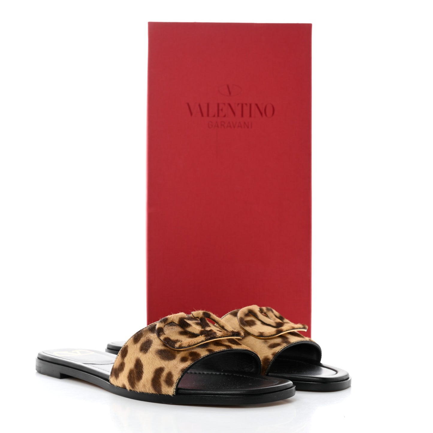 Calf Hair Leopard Print VLogo Flat Slide Sandals 37 Black