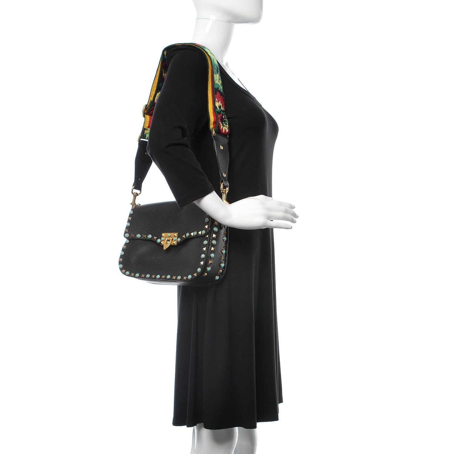 Valentino Garavani Pebbled Calfskin Turquoise Medium Guitar Strap Rockstud Rolling Flap Saddle Bag Black 2 of 9