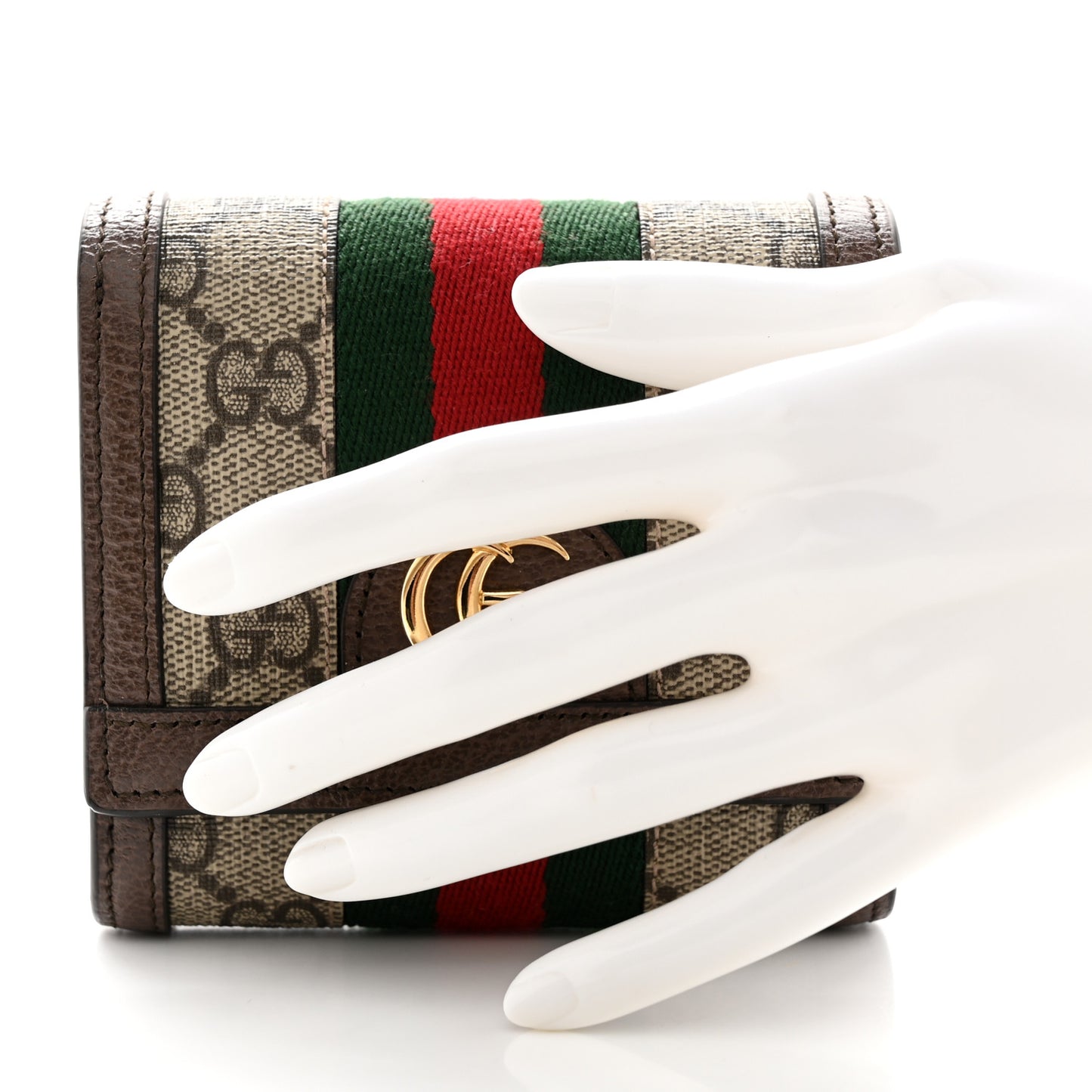 GG Supreme Monogram Textured Dollar Calfskin Web Ophidia Zip Around Card Case Wallet Beige Ebony New Acero