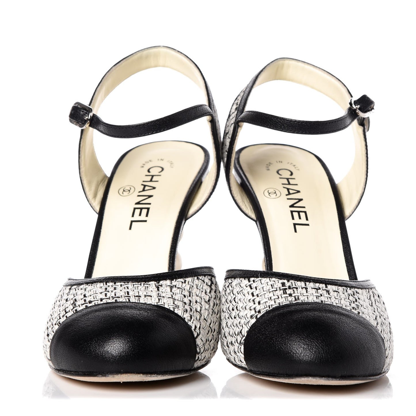 Tweed Goatskin Pearl Heel Pumps 39 Grey Beige Black