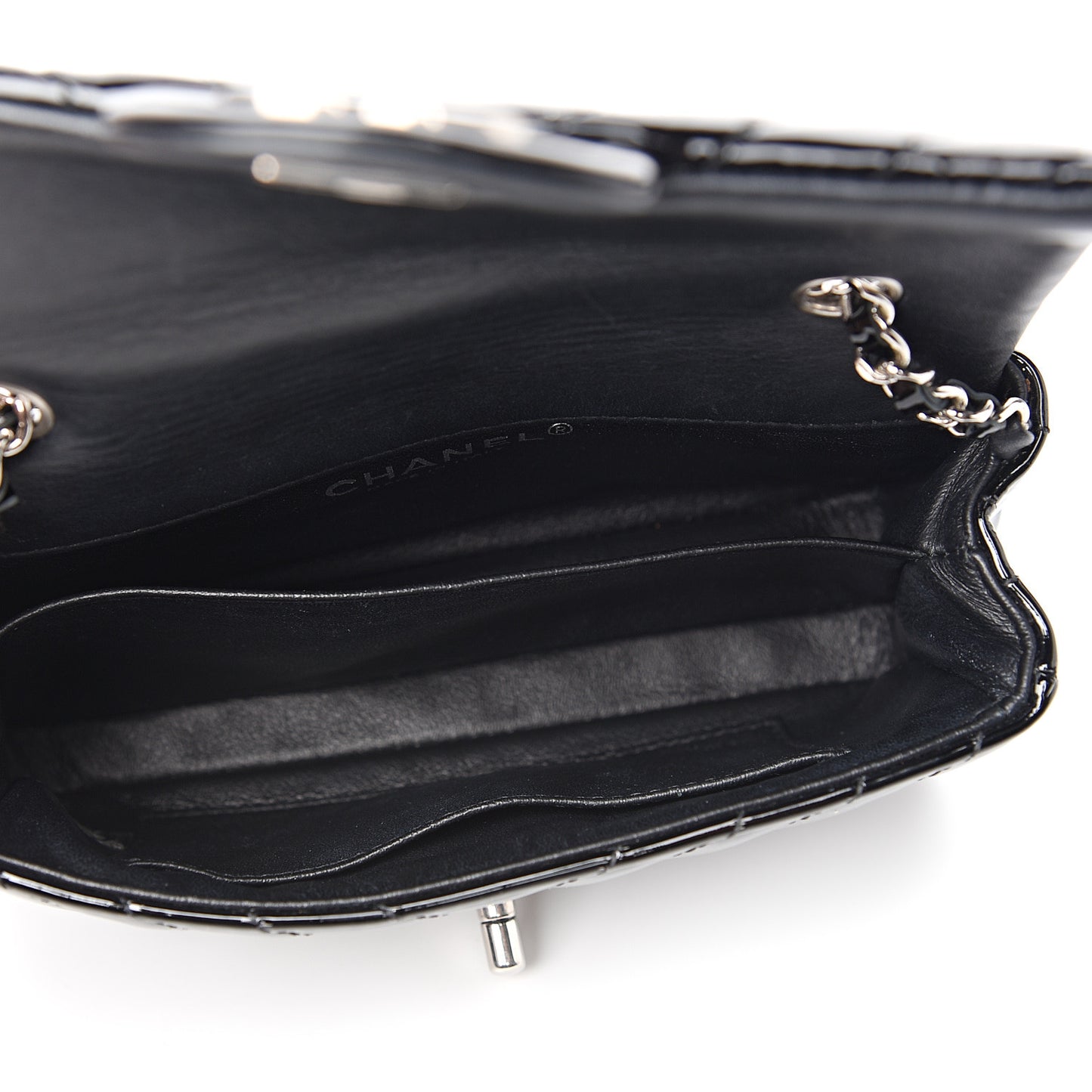 Patent Calfskin Chevron Quilted Extra Mini Flap Black