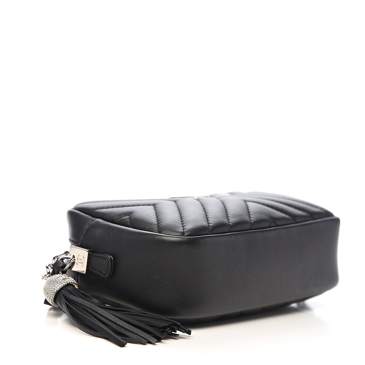 Calfskin Diagonal Chevron Quilted Tassel Camera Case Black