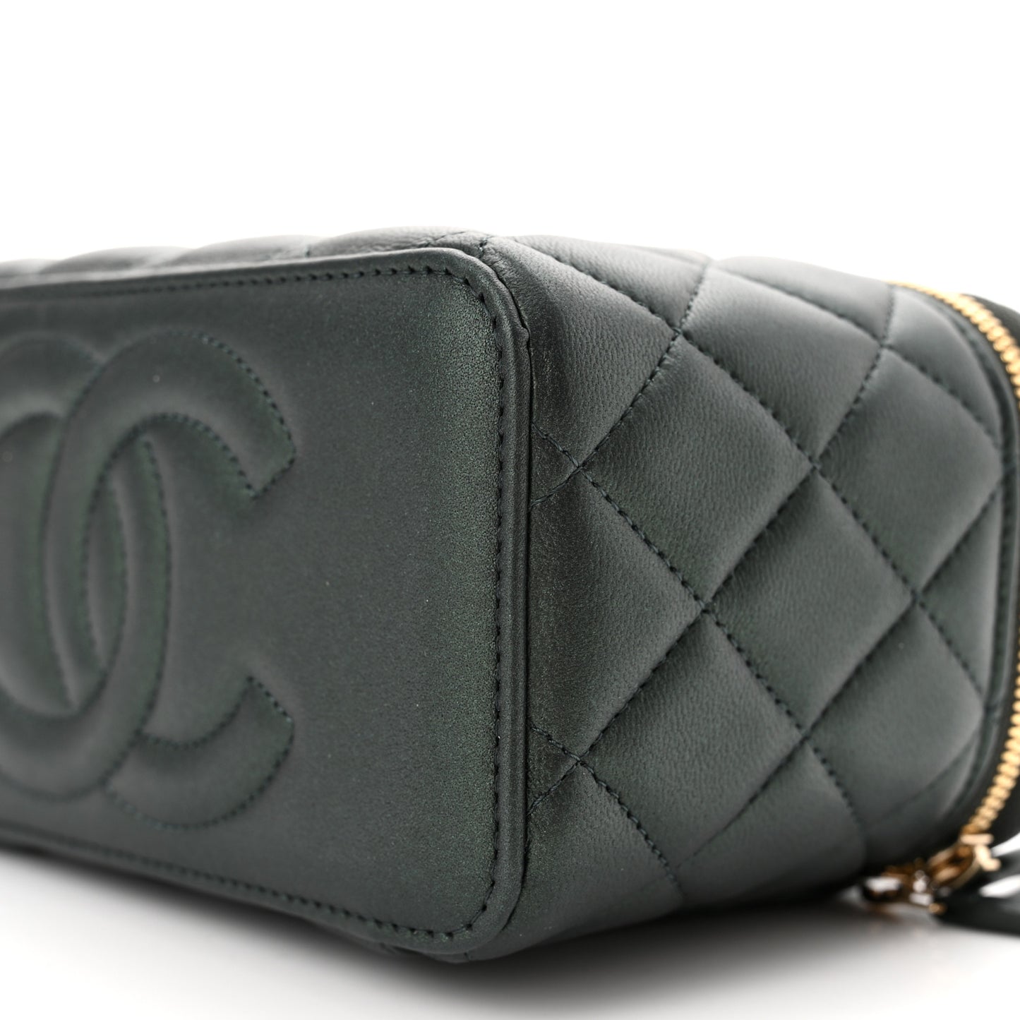Iridescent Lambskin Quilted Small Top Handle Vanity Case With Chain Dark Green