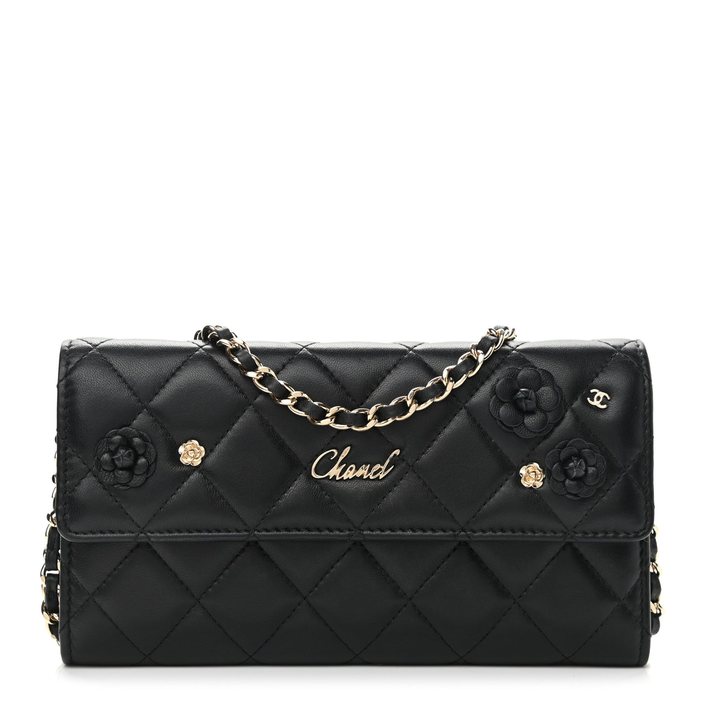Lambskin Camellia Wallet on Chain WOC Black