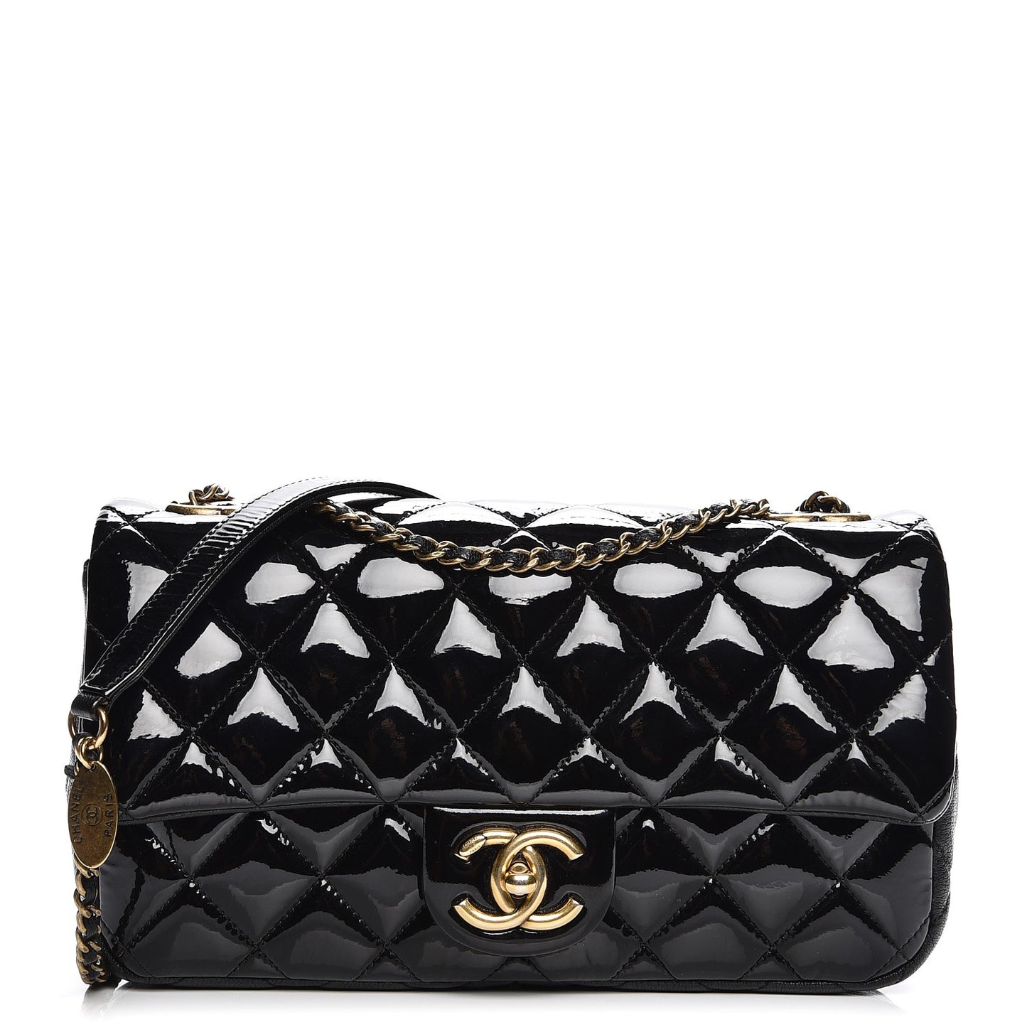 Patent Goatskin Quilted Medium CC Eyelet Flap Black