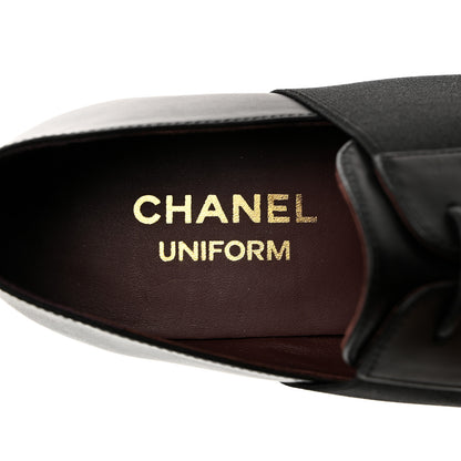 Chanel Calfskin Elastic Lace Up Cap Toe CC Loafers 38 Black 6 of 8