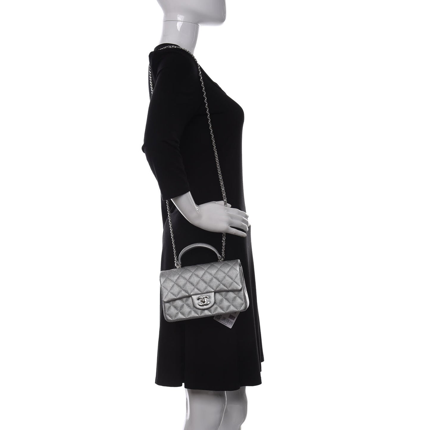 Metallic Caviar Quilted Mini Top Handle Rectangular Flap Silver