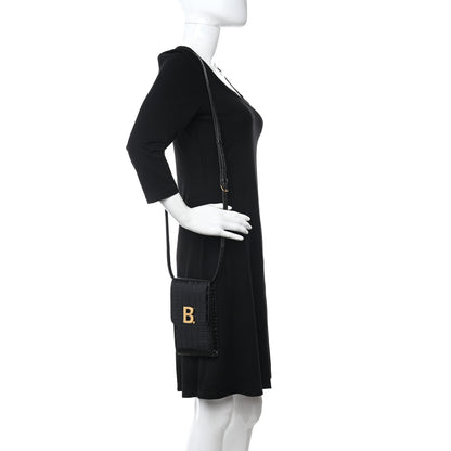 Balenciaga Shiny Calfskin Crocodile Embossed B Phone Holder Black 2 of 11