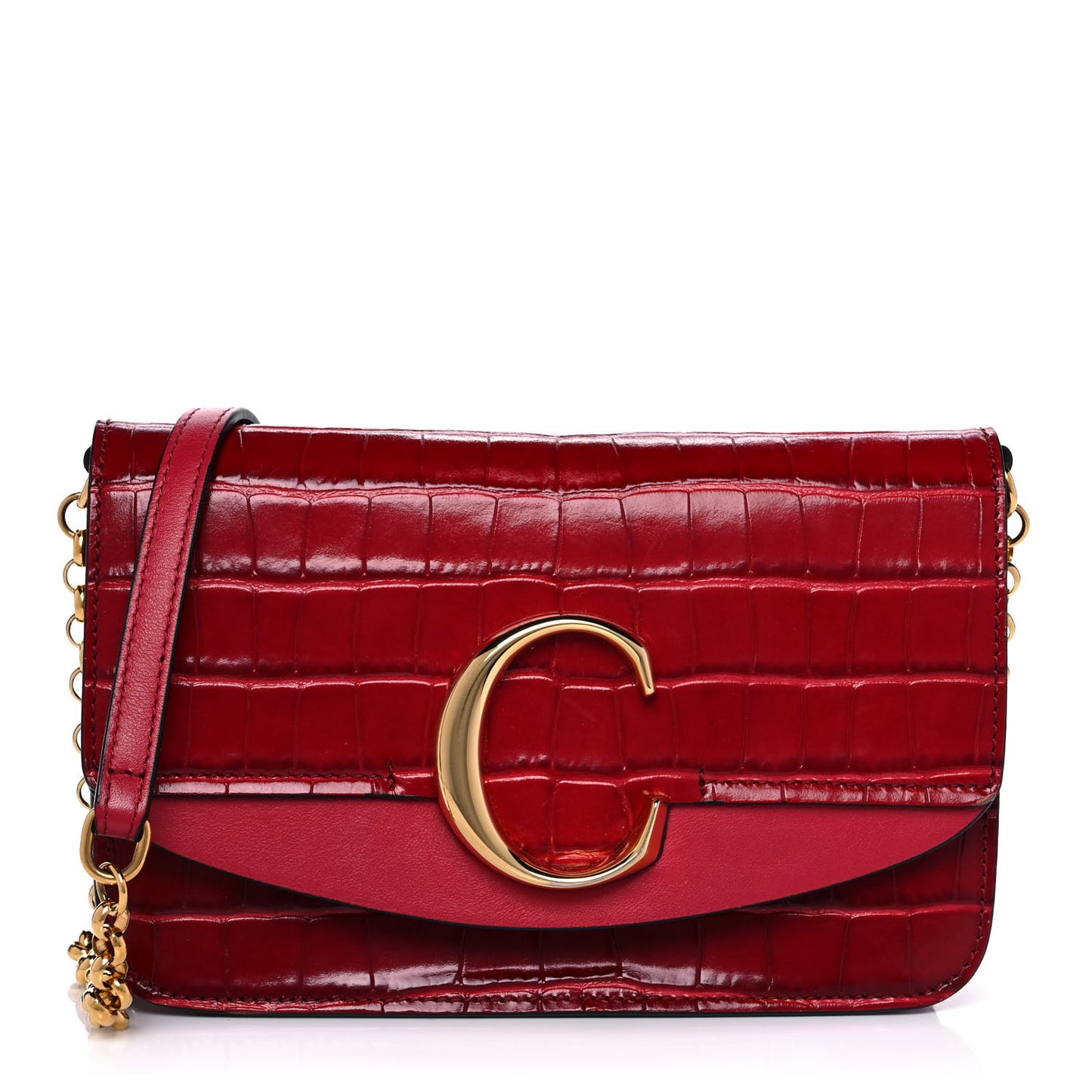 Calfskin Crocodile Embossed C Clutch With Chain Red