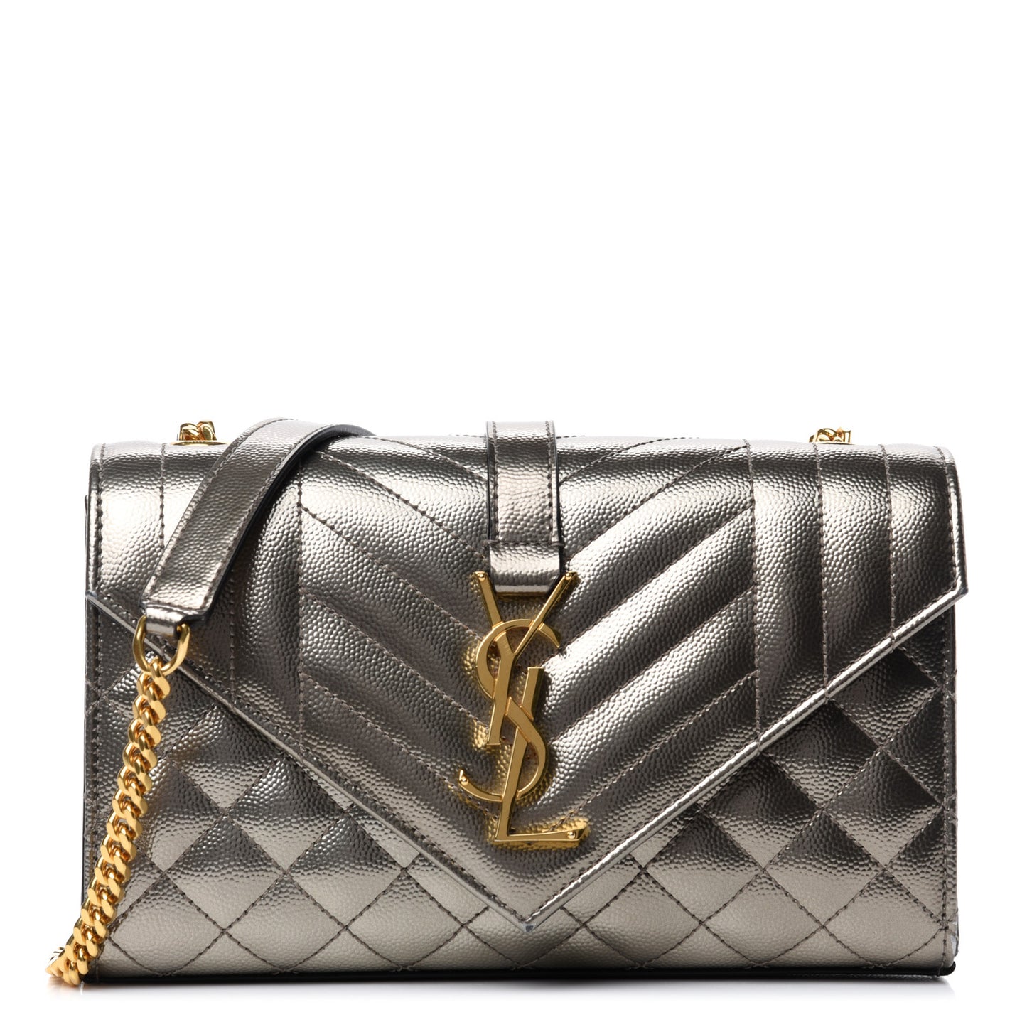 Metallic Grain De Poudre Textured Mixed Matelasse Triquilt Small Monogram Satchel Piombo
