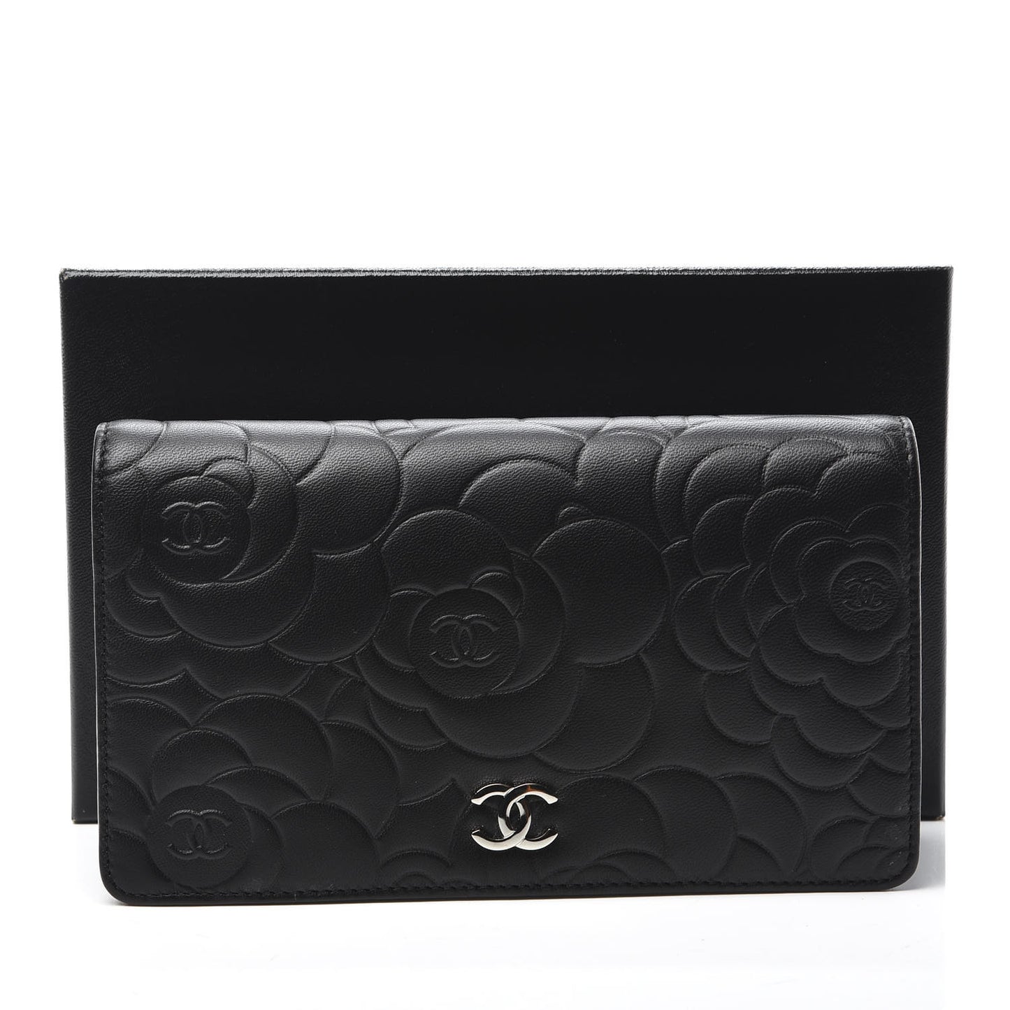 Lambskin Camellia Embossed Yen Wallet Black
