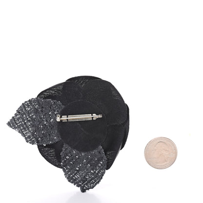 Chanel Tweed Camellia Pin Brooch Black White 2 of 4