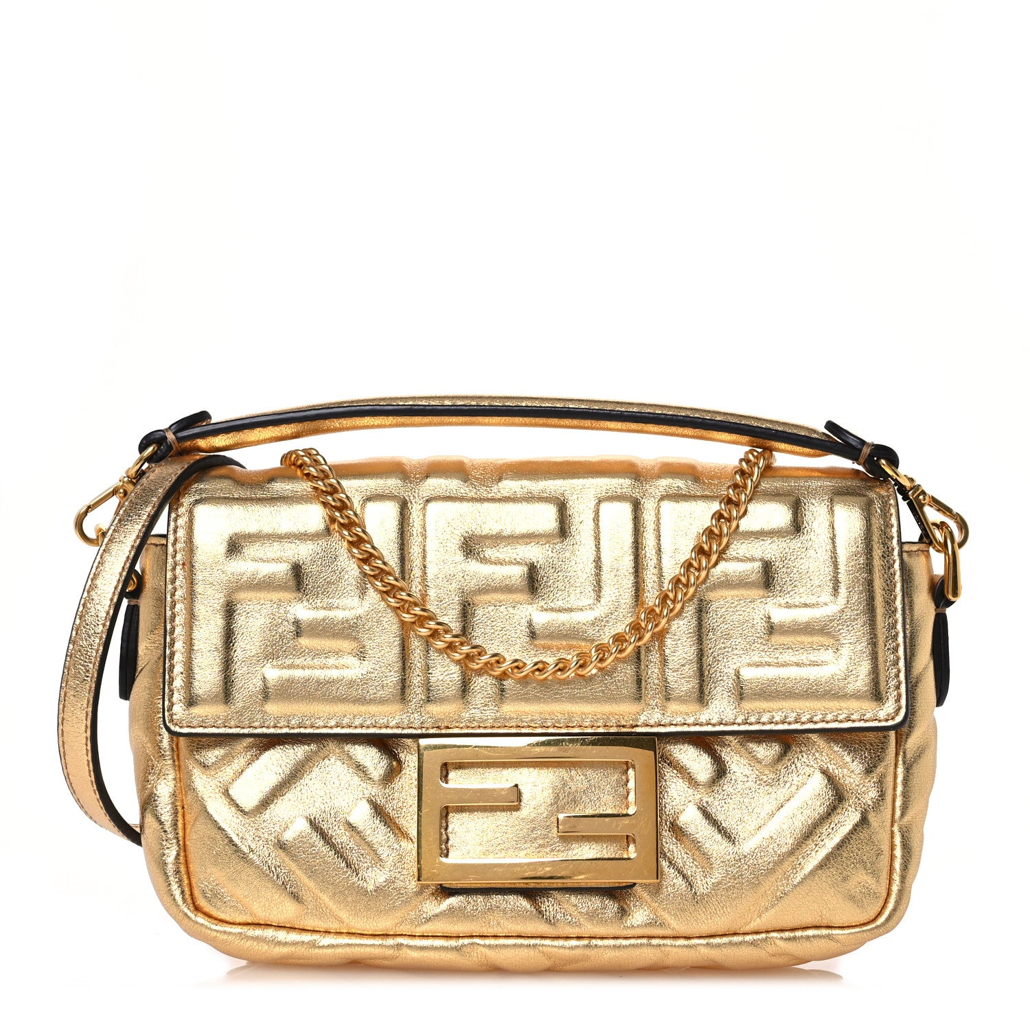 Fendi Vitello Catalan Mirror FF 1974 Embossed Mini Baguette Gold 1 of 14