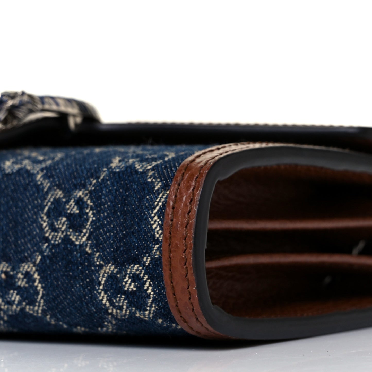 New Denim GG Monogram Dollar Calfskin Enamel Mini Dionysus Chain Wallet Blue Tea Cuir Epilog Electric Blue