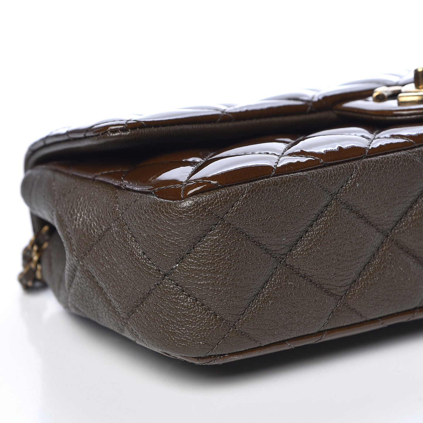 Patent Goatskin Quilted Medium CC Eyelet Flap Khaki