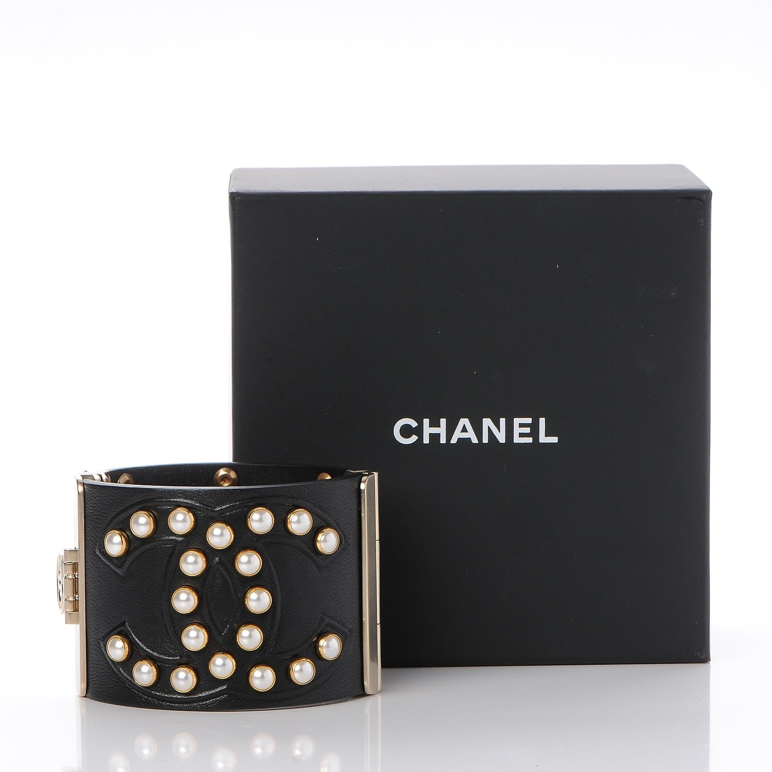 Chanel Lambskin Calfskin Pearl CC Cuff Bracelet Black Gold 7 of 7