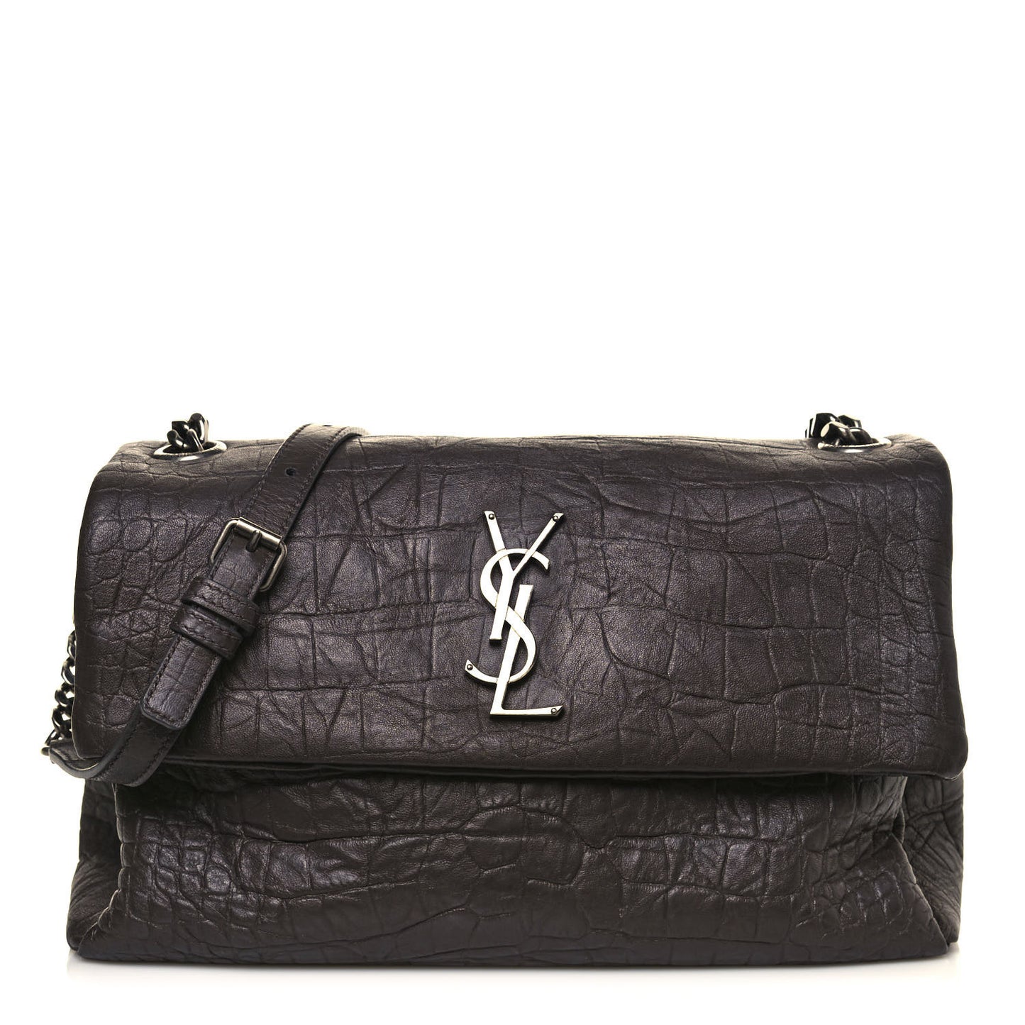Calfskin Crocodile Embossed Medium West Hollywood Monogram Fold-Over Grey