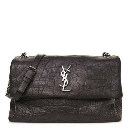 Saint Laurent Calfskin Crocodile Embossed Medium West Hollywood Monogram Fold-Over Grey 1 of 17