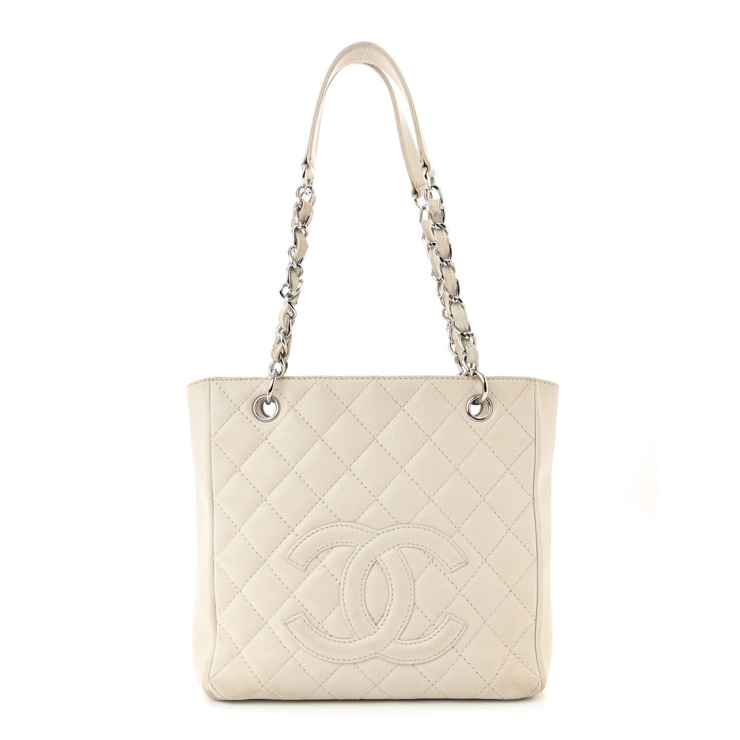 Caviar Quilted Petit Shopping Tote PST White