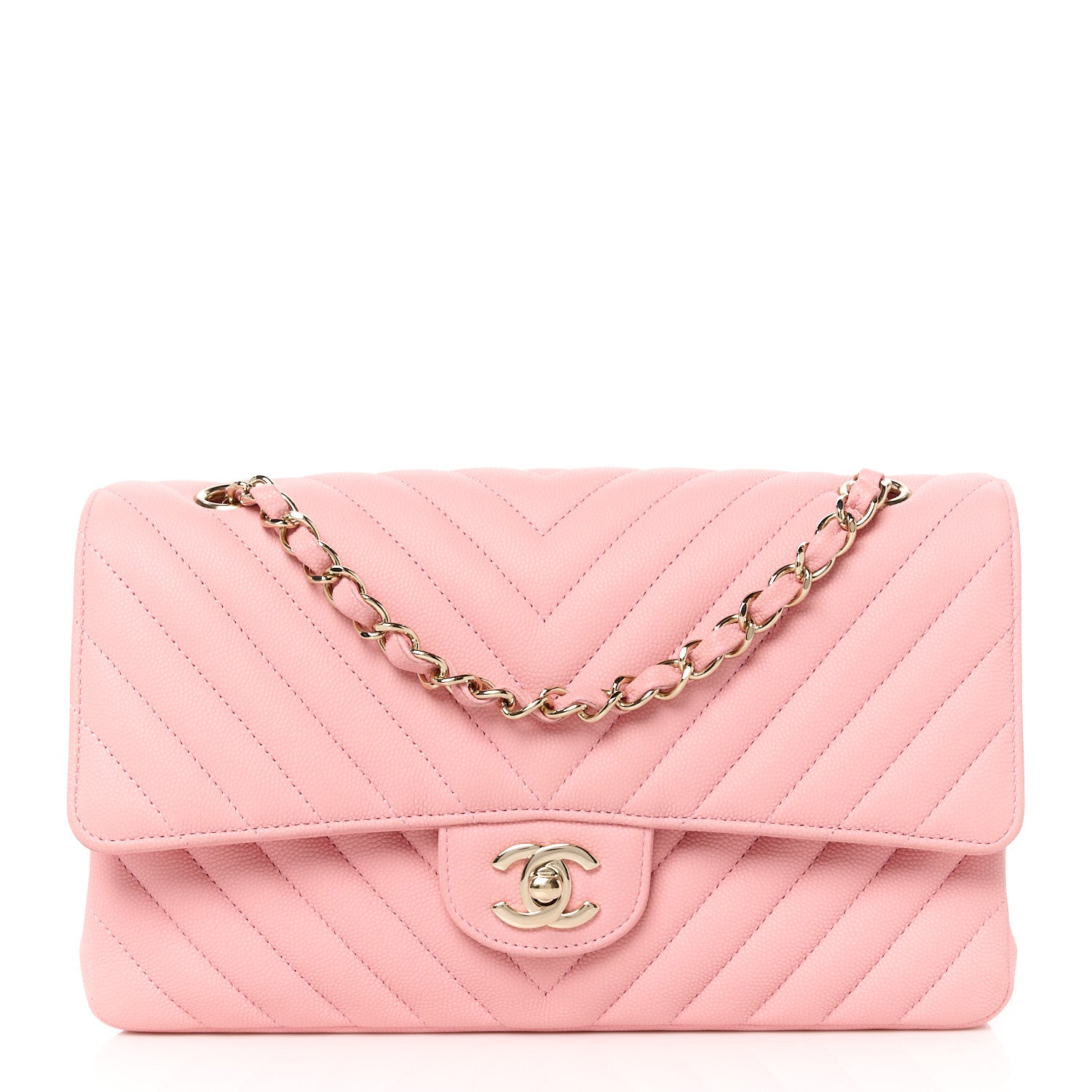 Chanel Caviar Flat Chevron Quilted Medium Double Flap Pink 1 of 11