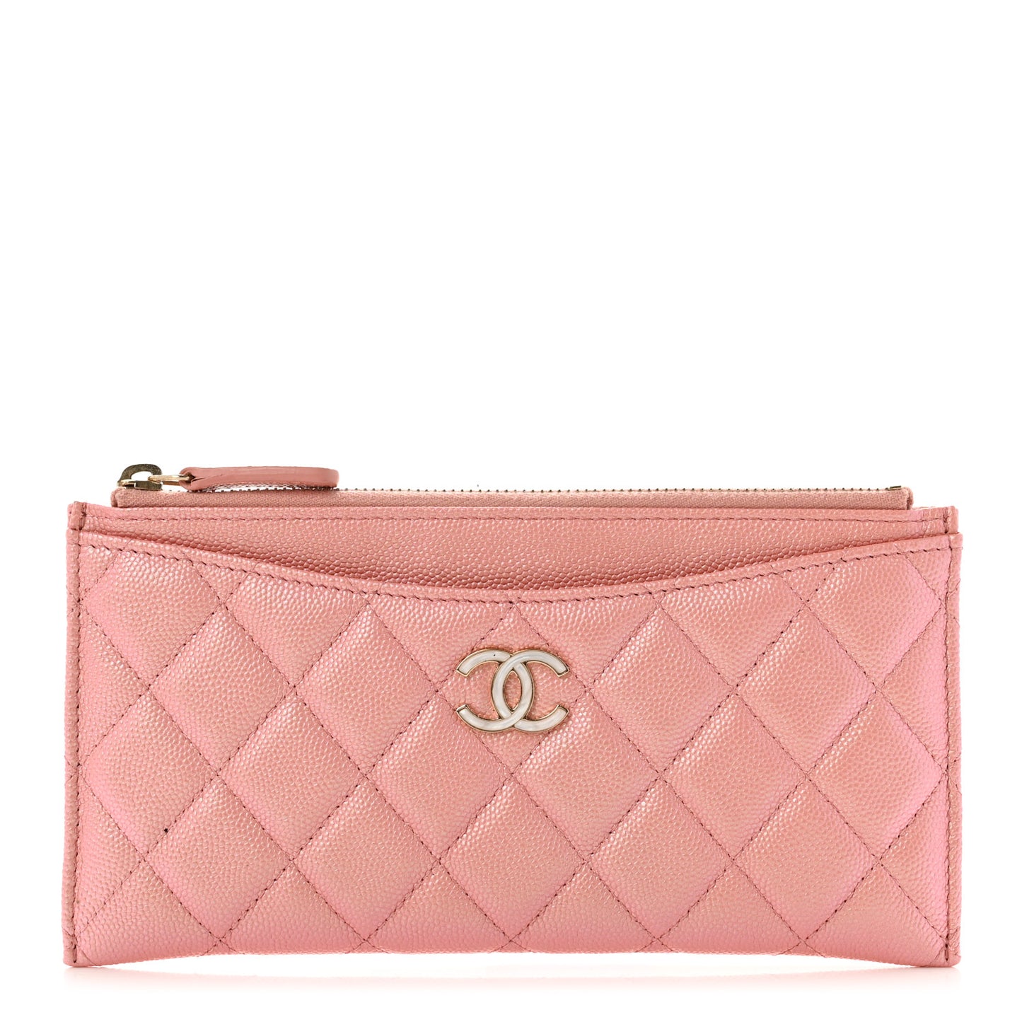 Iridescent Caviar Quilted Classic Zip Pouch Rose Pink