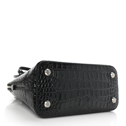 Balenciaga Shiny Calfskin Logo Crocodile Embossed S Ville Top Handle Bag Black White 4 of 7
