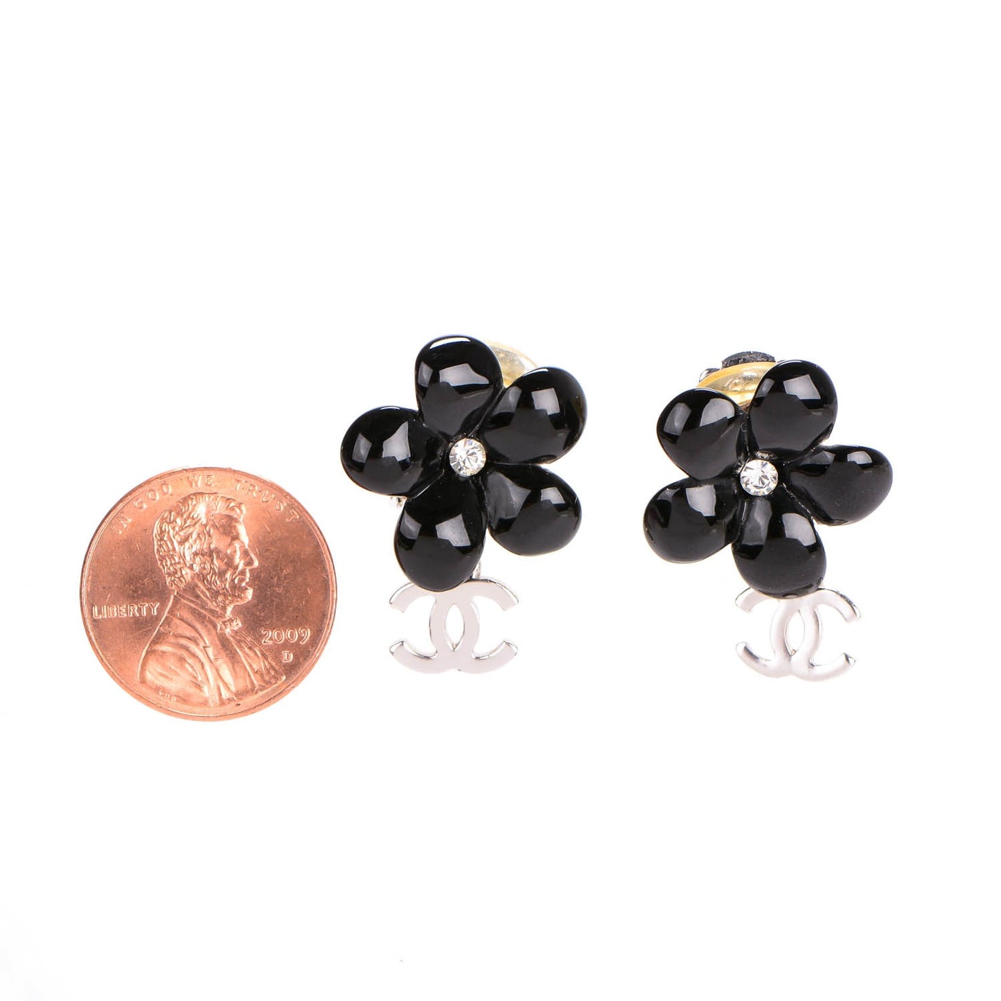 Enamel Crystal CC Camellia Drop Clip On Earrings Black
