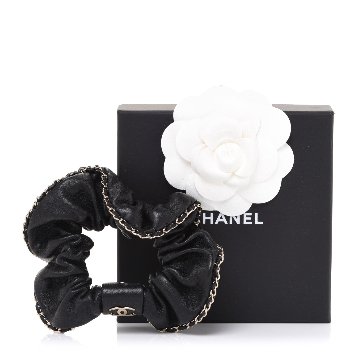 Chanel Lambskin Chain CC Hair Scrunchie Black Gold 6 of 6