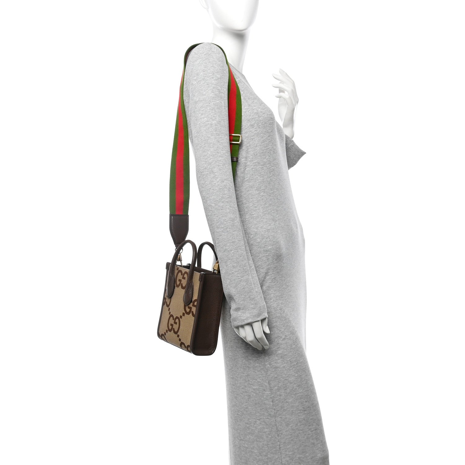 Gucci Monogram Jumbo GG Textured Dollar Calfskin Web Mini Vertical Tote Camel Ebony New Acero 2 of 9