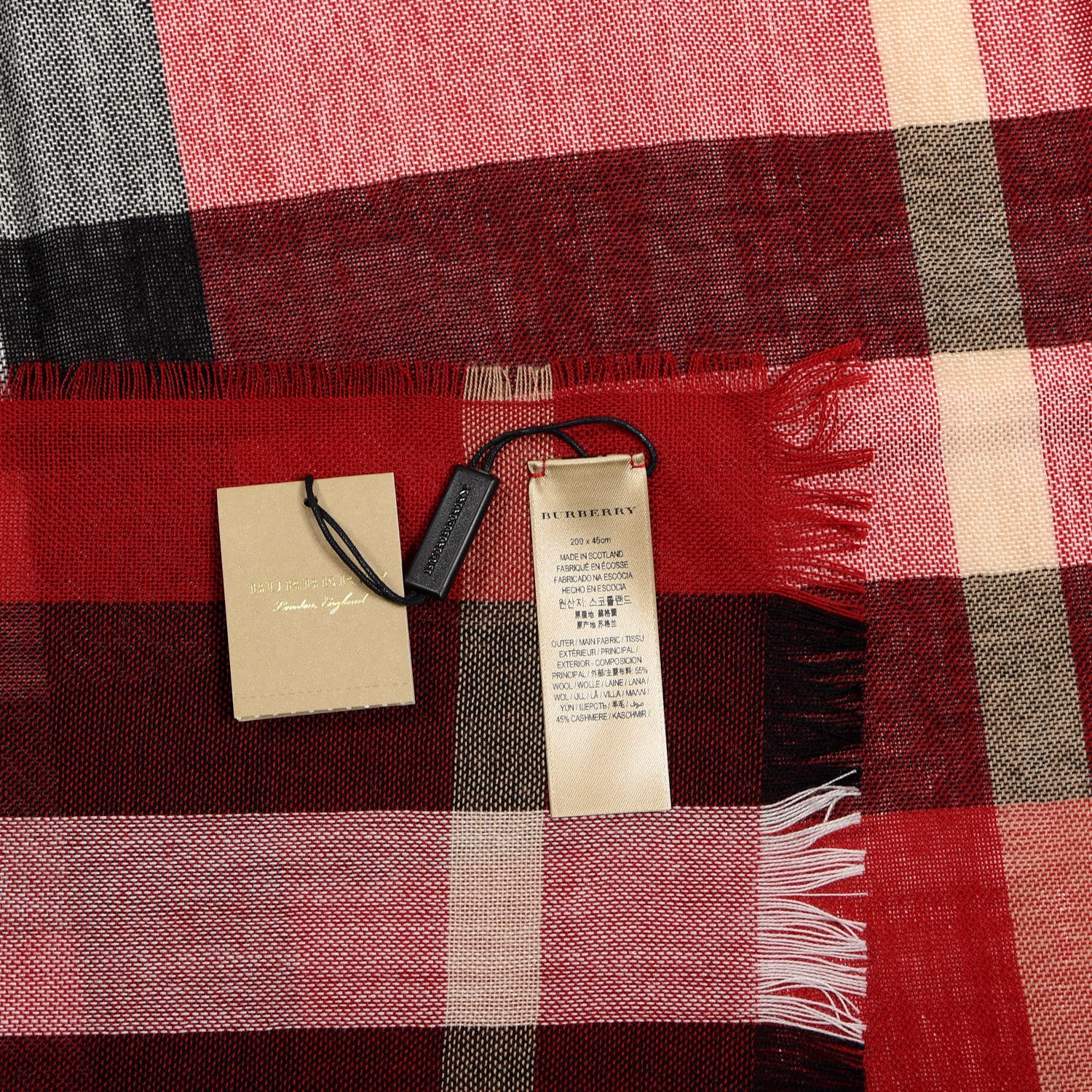 Burberry Wool Cashmere Tonal Check Lightweight Scarf Parade Red 4 of 4