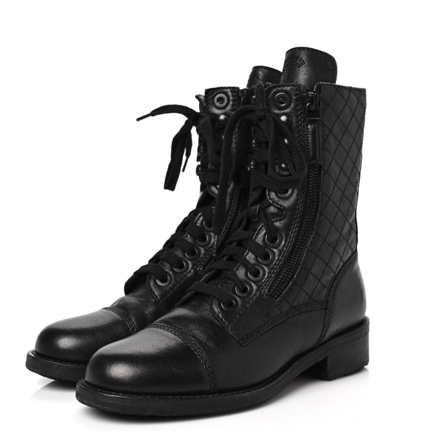 Chanel Sheepskin Quilted Lace Up Combat Boots 35 Black 3 of 6