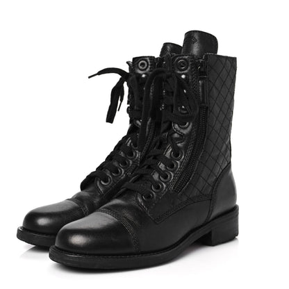 Chanel Sheepskin Quilted Lace Up Combat Boots 35 Black 3 of 6