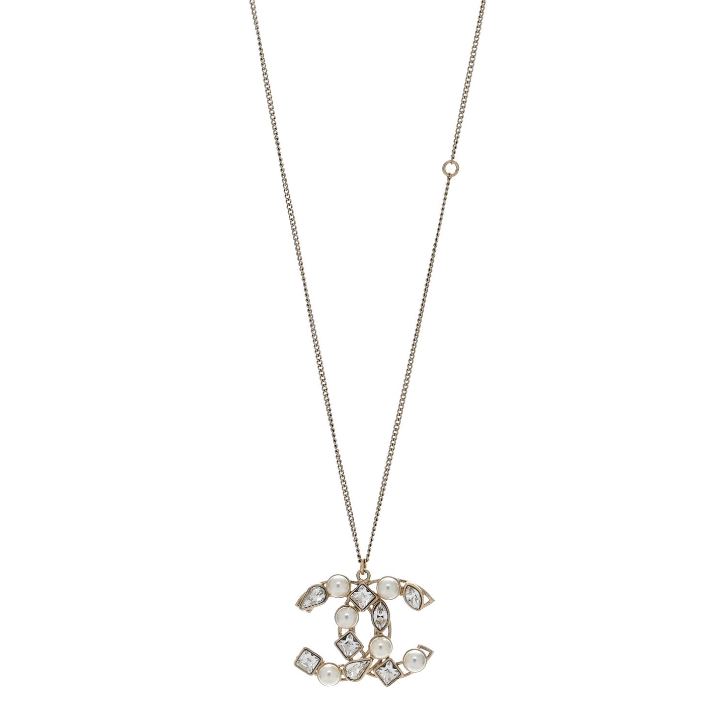 Pearl Crystal Baguette CC Pendant Necklace Gold