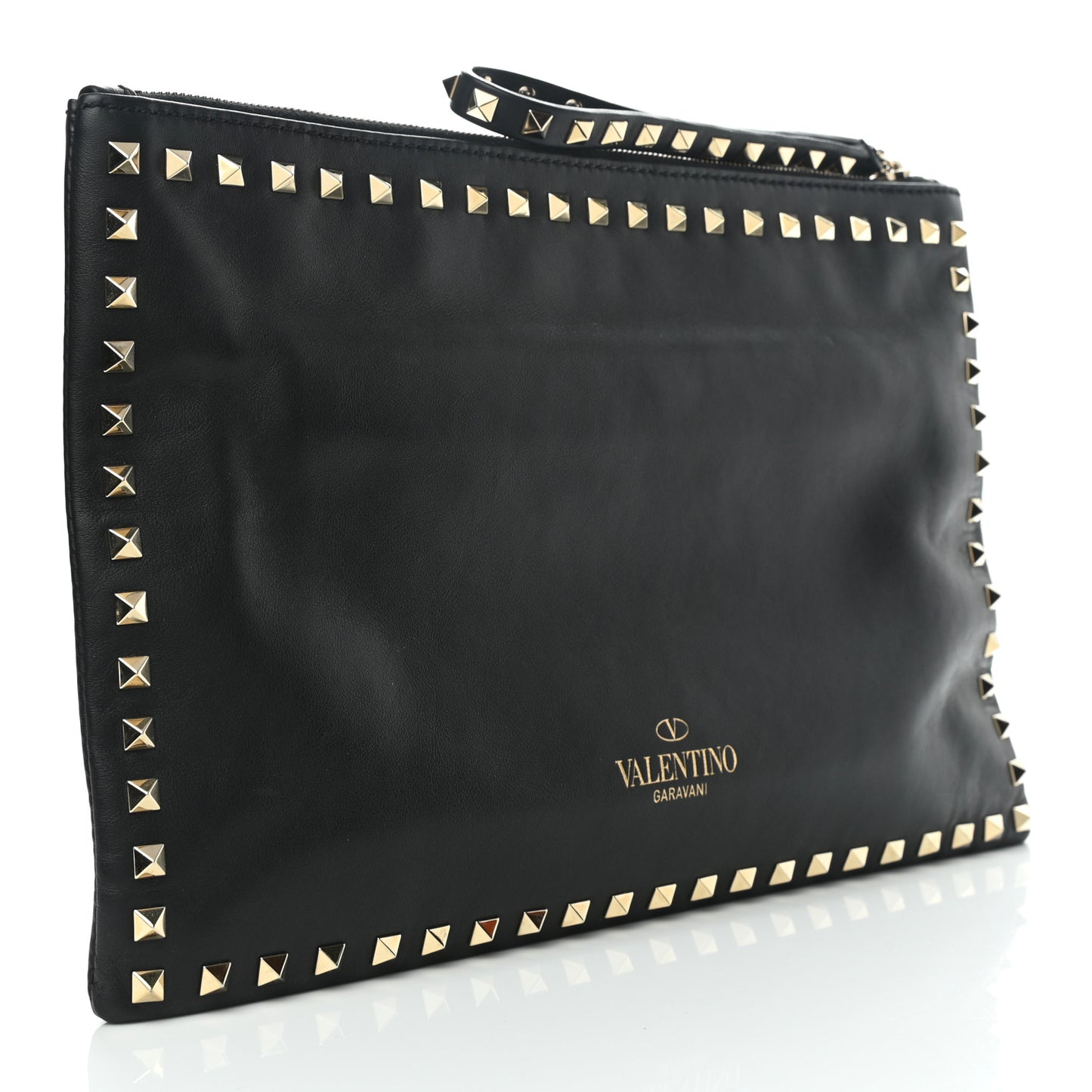 Vitello Large Rockstud Zip Wristlet Pouch Black