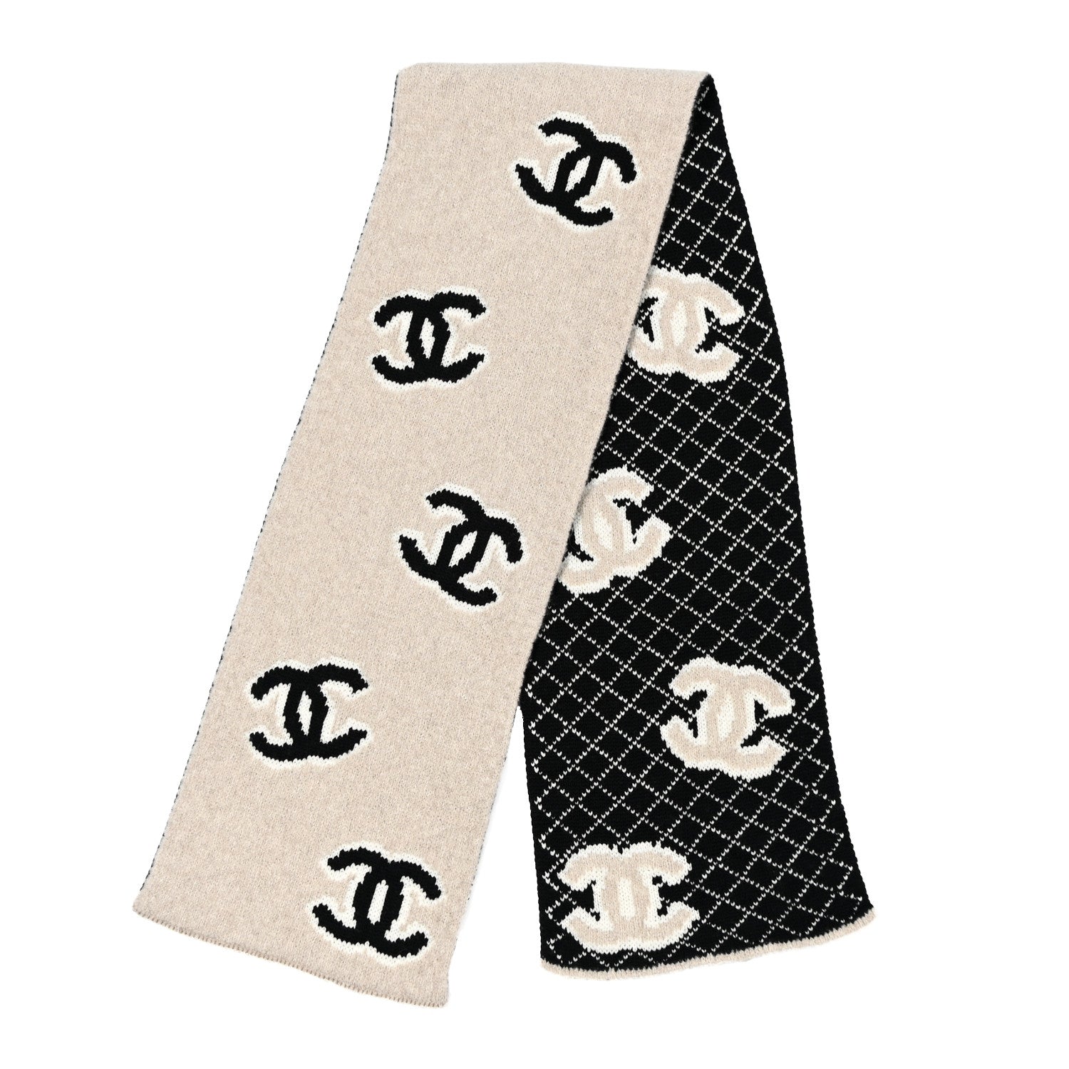 Chanel Wool Cashmere Silk CC Scarf Beige Black White 2 of 5