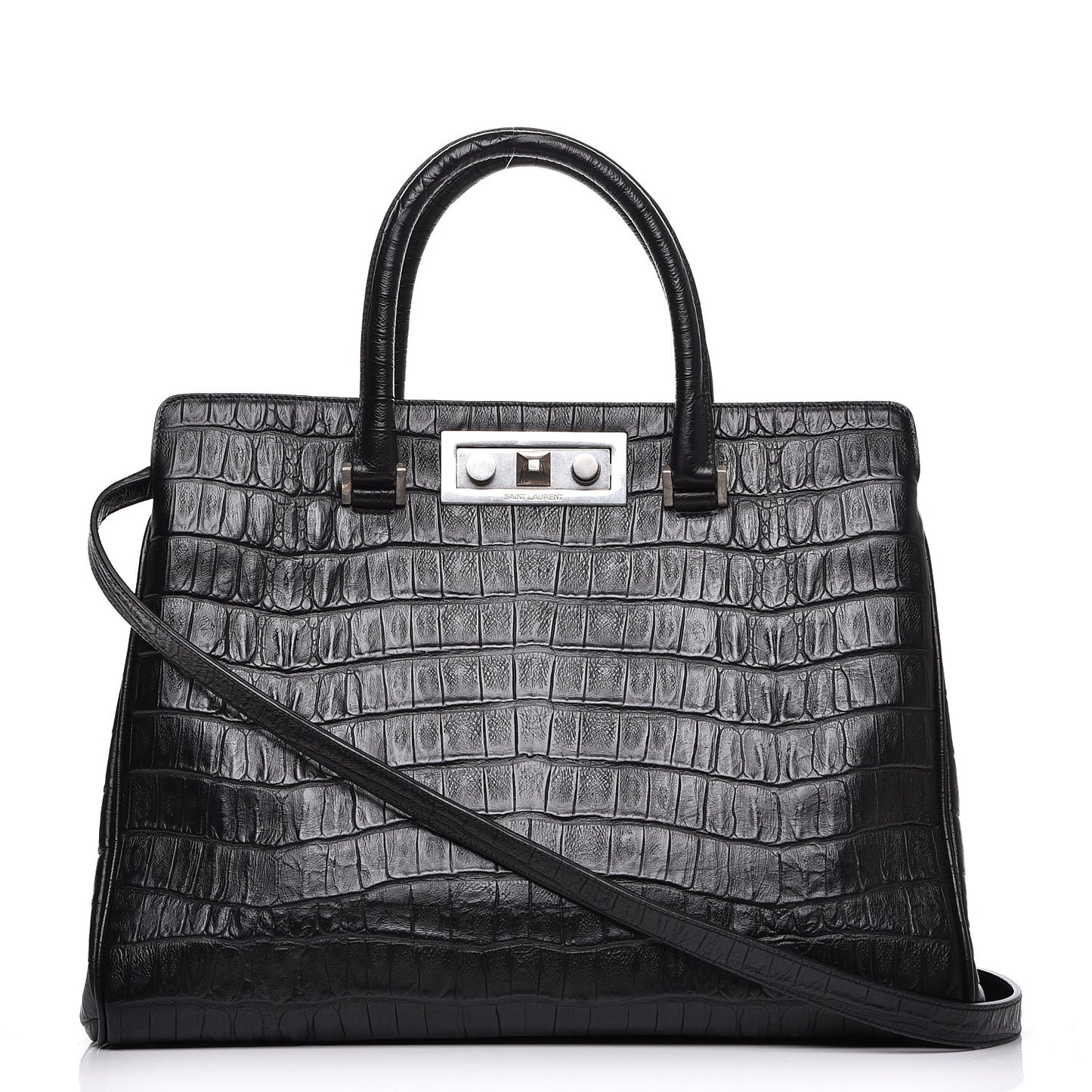Calfskin Crocodile Embossed Medium Trois Class Tote Black