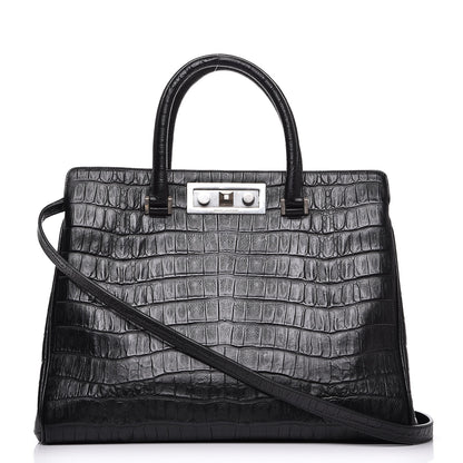 Saint Laurent Calfskin Crocodile Embossed Medium Trois Class Tote Black 1 of 13