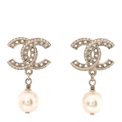 Chanel Crystal Timeless CC Pearl Drop Earrings Light Gold 1 of 5